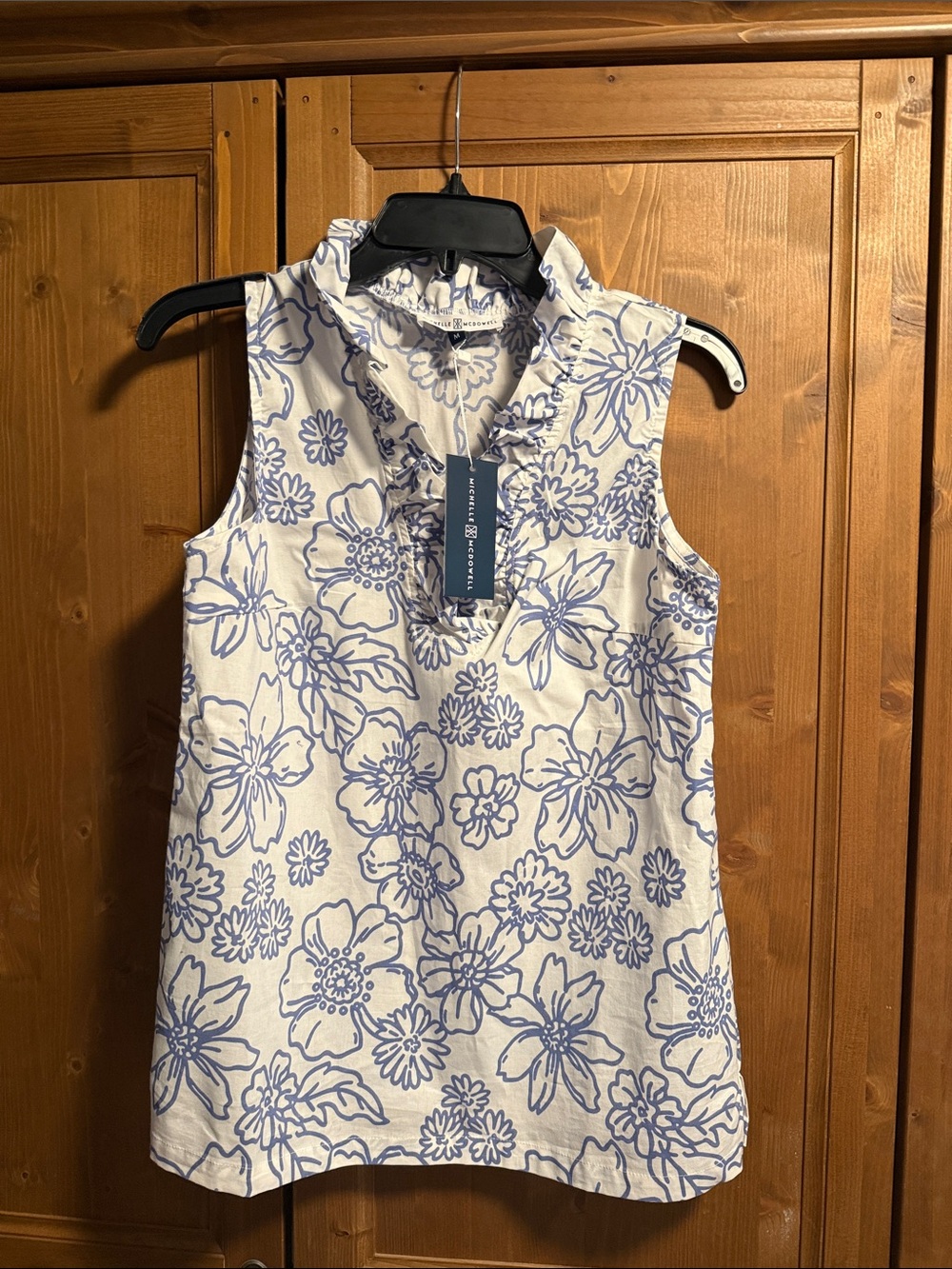 Blue Floral Ruffle-Neck Sleeveless Camisole